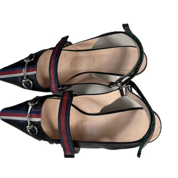 Gucci Malaga Black Kid Web Horsebit Low Heel Slingback Pumps Sz 36.5 - Picture 9 of 14